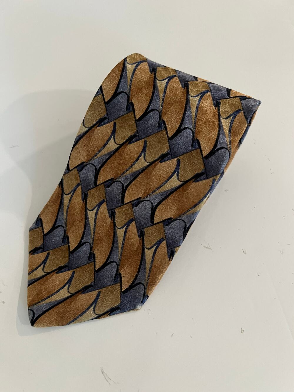 Jimmy V Men's 100% Silk Neck Tie Gold Blue Watercolor Abstract Print JL